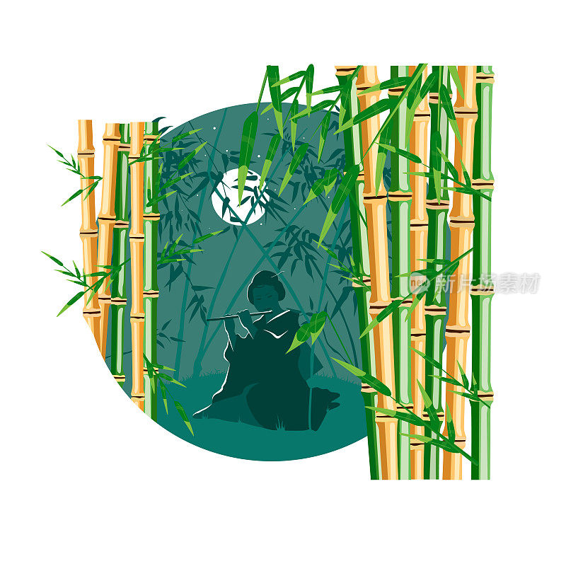 Bamboo trees with leaf. Color vector flat cartoon illustration
